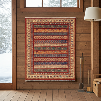 Orientmattor Ariana 59996 Ziegler/Kazak rug with intricate geometric patterns in warm tones, detailed close-up of woven textile.