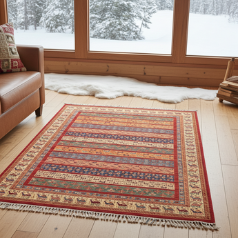 Orientmattor Ariana 59996 Ziegler/Kazak rug featuring intricate geometric patterns in vibrant colors on a woven textile background.