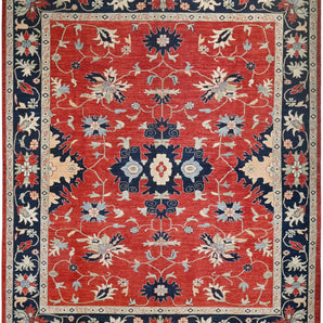 Handwoven contrast Oriental rug by Orientmattor, Ziegler/Kazak style, 295 x 249 cm with intricate traditional patterns.