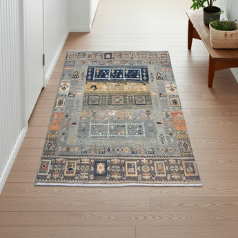Handwoven Khorjin Oriental rug by Orientmattor, Ziegler/Kazak style, 110x77 cm with intricate patterns and vibrant colors.