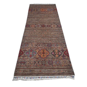 Handwoven Khorjin Oriental rug by Orientmattor, Ziegler/Kazak style, 234x86 cm, detailed geometric patterns.
