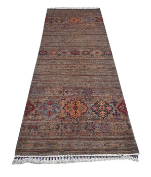 Handwoven Khorjin Oriental rug by Orientmattor, Ziegler/Kazak style, 234x86 cm, detailed geometric patterns.