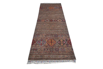 Handwoven Khorjin Oriental rug by Orientmattor, Ziegler/Kazak style, 234x86 cm, detailed geometric patterns.