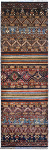 Handwoven Khorjin Oriental rug by Orientmattor, Ziegler/Kazak style, 290x87 cm with intricate geometric patterns.