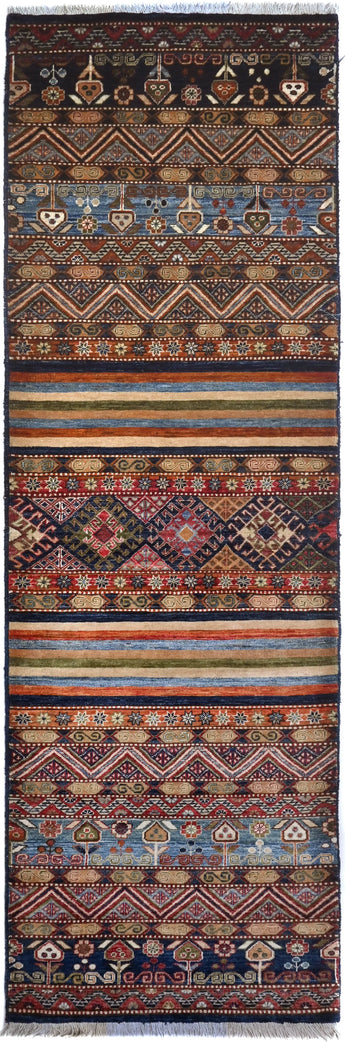 Handwoven Khorjin Oriental rug by Orientmattor, Ziegler/Kazak style, 290x87 cm with intricate geometric patterns.