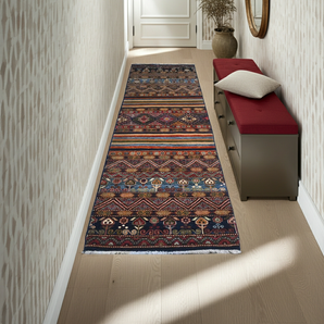 Handwoven Khorjin Oriental rug by Orientmattor, Ziegler/Kazak style, 290x87 cm with intricate traditional patterns.