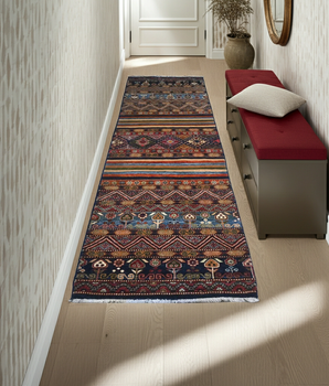 Handwoven Khorjin Oriental rug by Orientmattor, Ziegler/Kazak style, 290x87 cm with intricate traditional patterns.