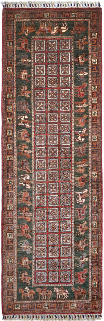 Handwoven Pazarok Oriental rug by Orientmattor, Ziegler/Kazak style, 253x86 cm with intricate patterns.