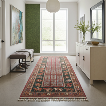 Handknuten orientmatta Pazarok Ziegler/Kazak design, 253x86 cm, detailed pattern in warm tones on woven textile.