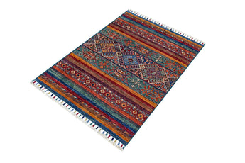 Orientmattor Khorjin 64862 Ziegler/Kazak rug with intricate geometric patterns and rich earthy tones, detailed woven textile.
